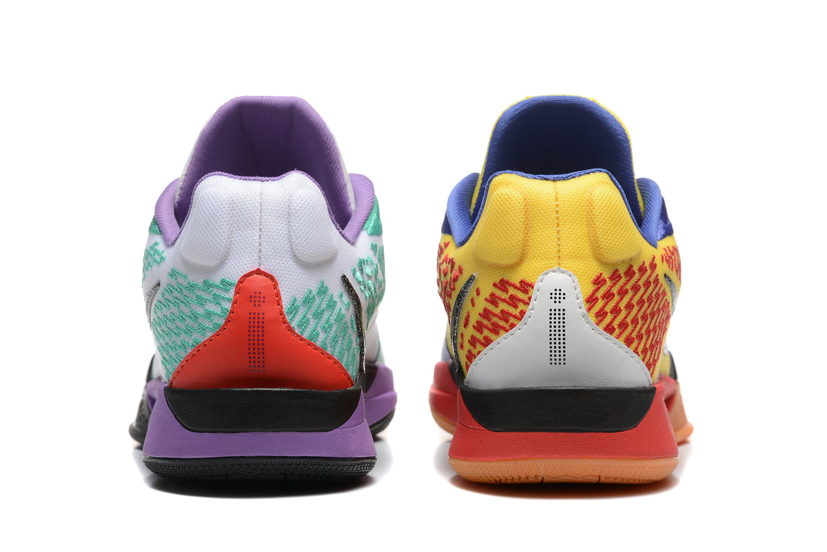 Rear view of the mismatched pair, showing contrasting heel and collar colors.