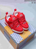 Pair of red Louis Vuitton Trainer-style sneakers with patterned lining, mesh panels, and light-colored midsoles.
