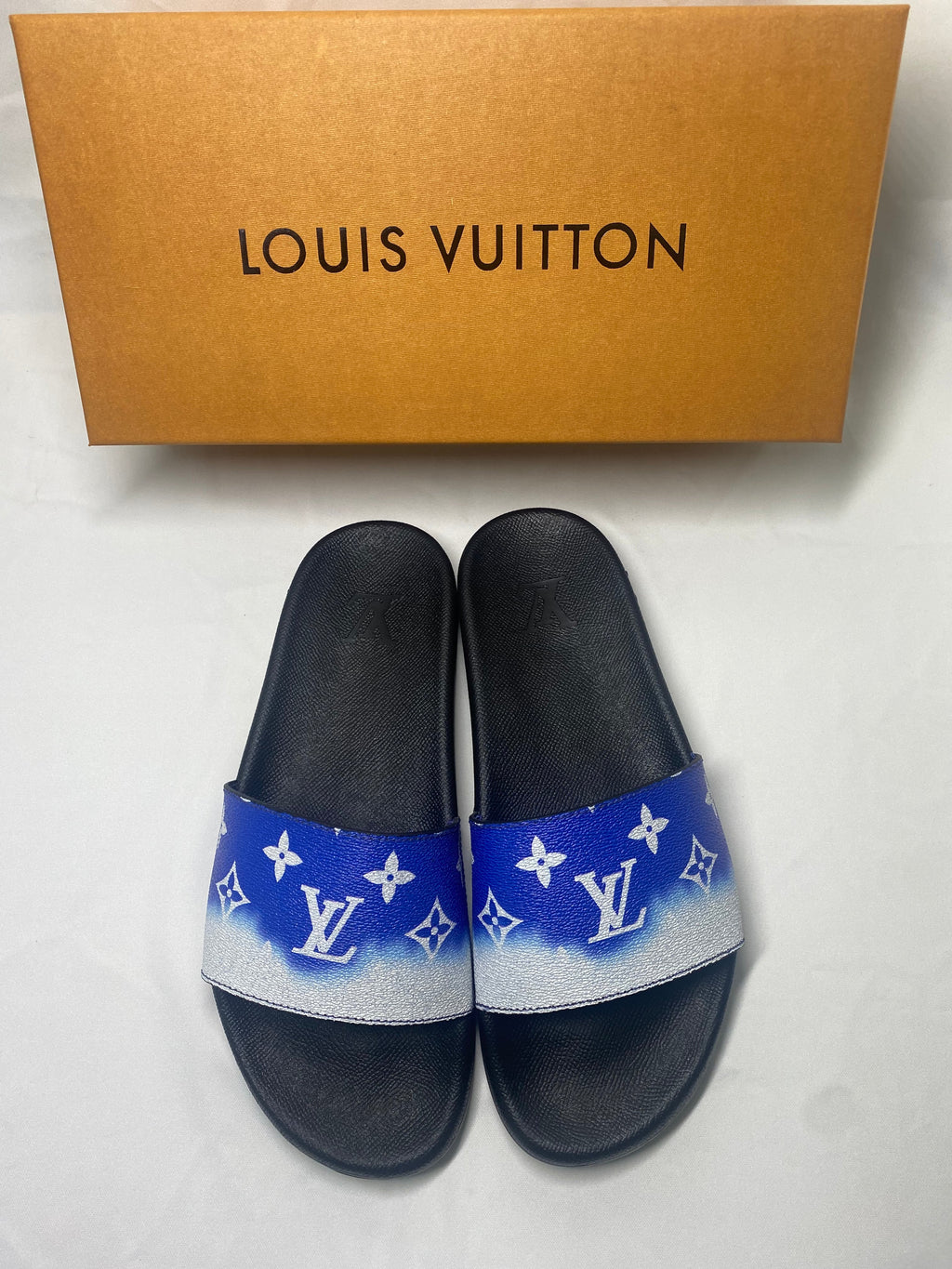 Louis Vuitton Monogram Slide Sandals with Black Footbed