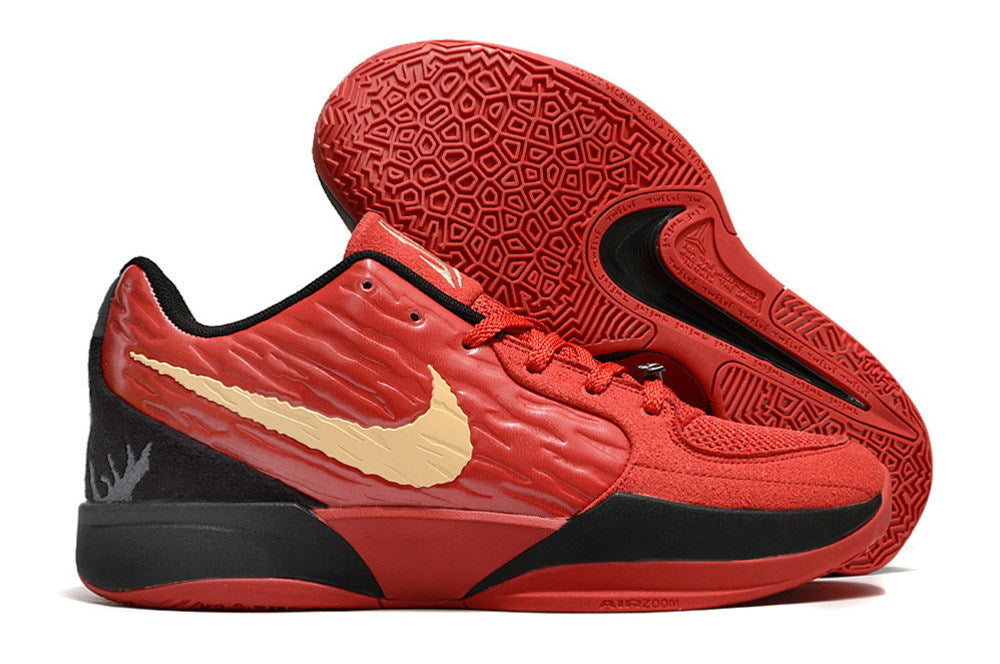 Red, black, and gold Ja 2 shoe side profile with the outsole visible.