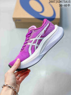 Side profile of the purple ASICS running shoe with white branding and a layered white midsole.