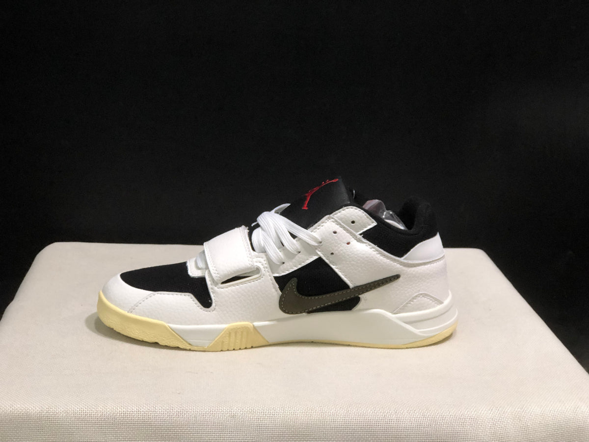 Single side profile showing the dark Swoosh, layered white upper, forefoot strap, and sail-colored sole.
