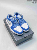 Pair of blue and white Nike Air Jordan 1 Low sneakers displayed on a black shoebox; image text shows sizes 36–46.