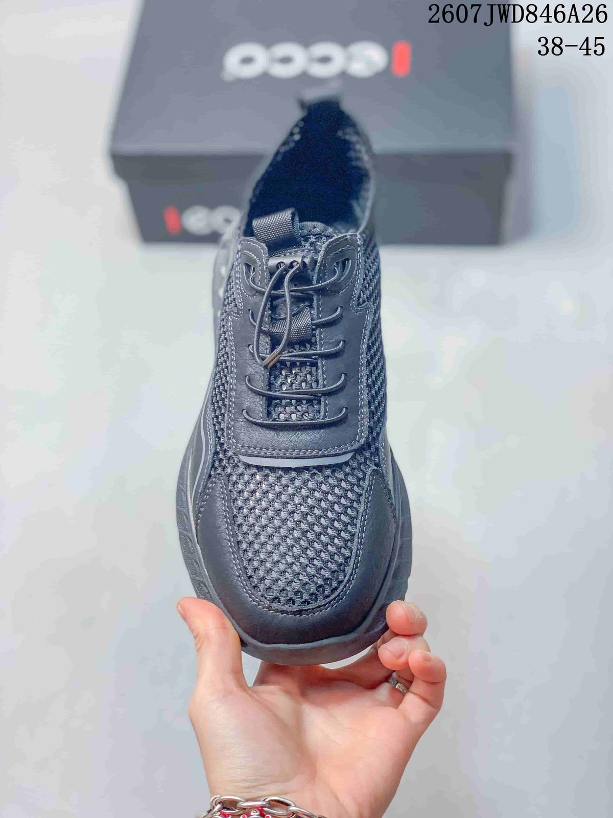 Top view of a dark gray ECCO sneaker showing the mesh toe panel, lace system and padded tongue.