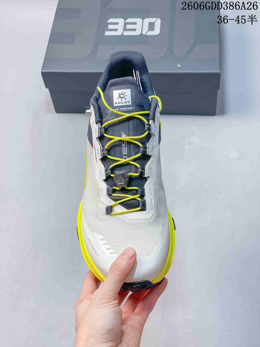 Top view showing the quick laces and lace pocket on a Kailas FUGA EX330 shoe