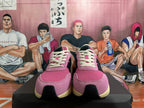 Top and front view of pink New Balance U370 sneakers with cream laces