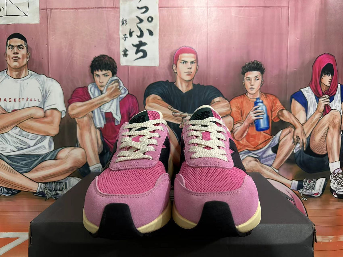 Top and front view of pink New Balance U370 sneakers with cream laces