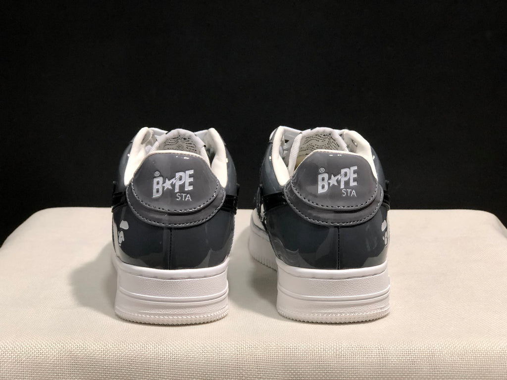 Rear view showing BAPESTA heel branding, padded collars, and white midsoles.
