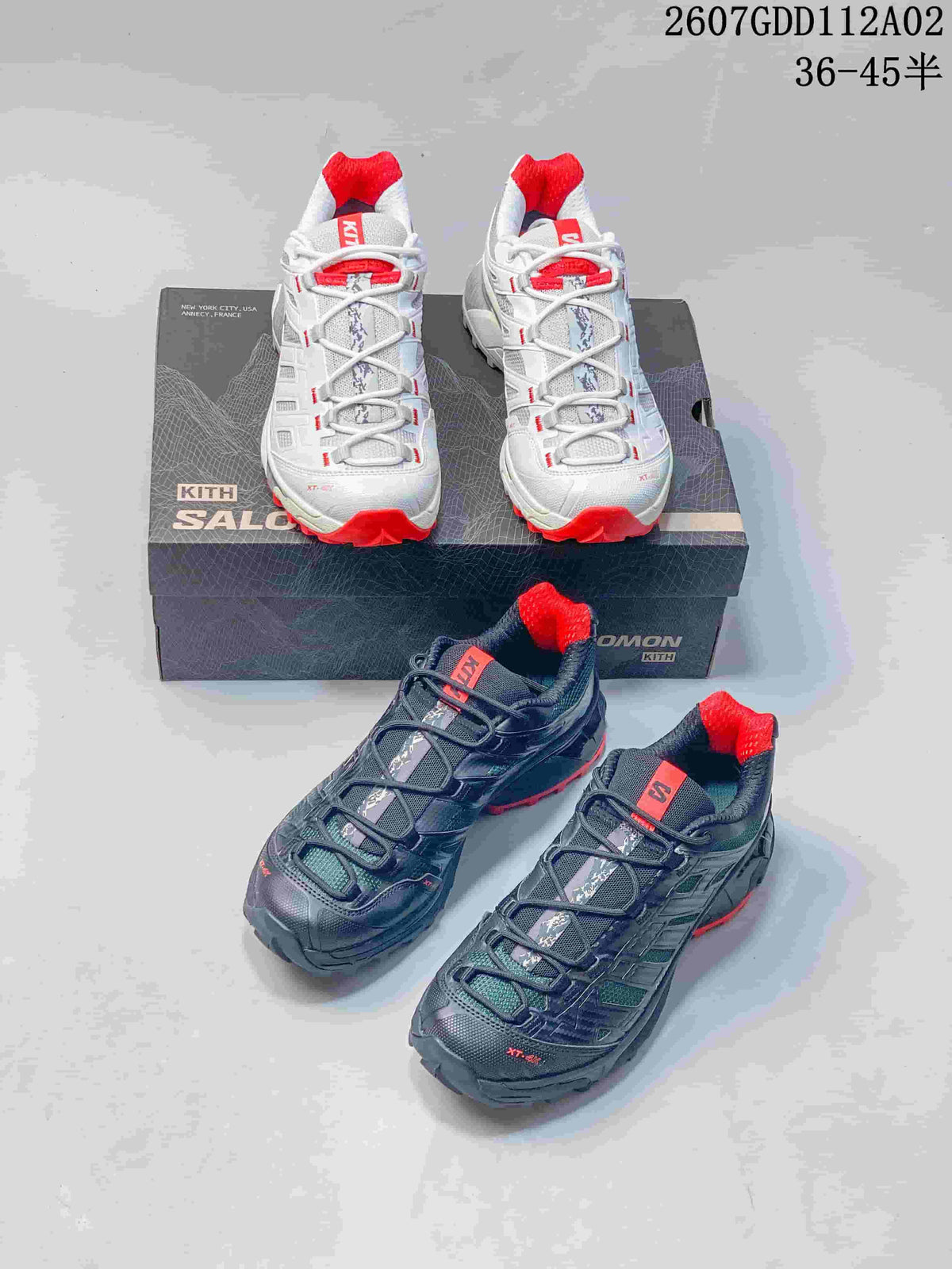 White and red and dark navy Salomon XT-4K sneakers shown together.
