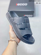 Angled close view of a gray ECCO sandal showing the open toe, strap details, and textured outsole.