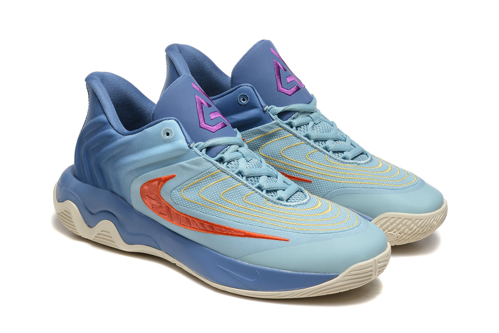 Pair of blue basketball shoes with light blue panels, orange-red accents, and purple tongue logos