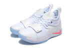 Front three-quarter view of the white Nike PG 2 shoes