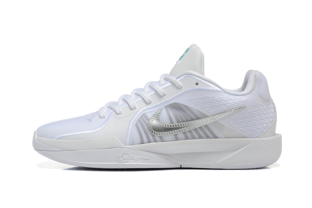 Side profile of a white Nike basketball shoe with a silver-tone Swoosh.