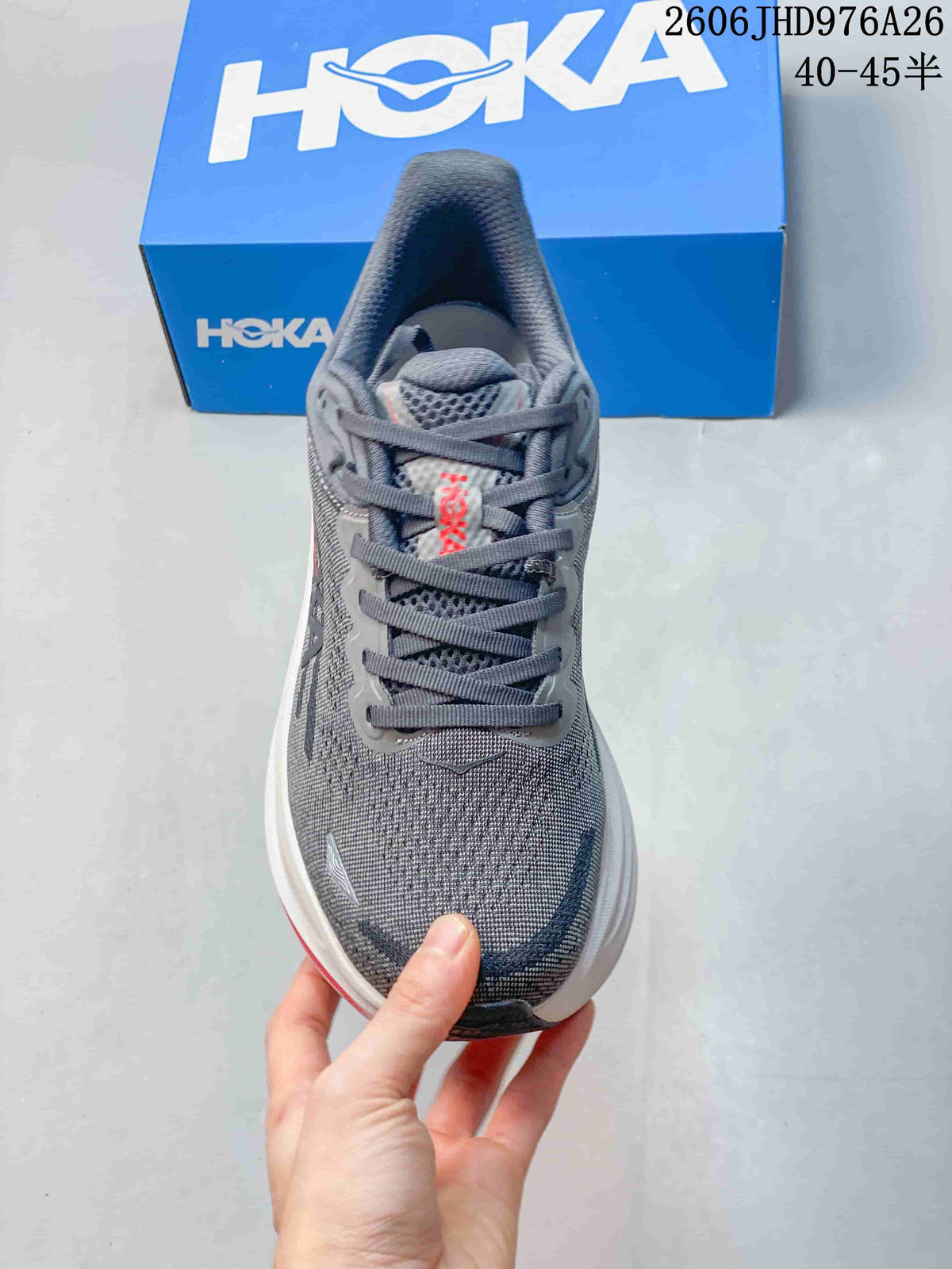 Front view of a gray HOKA Bondi 9 running shoe with gray laces