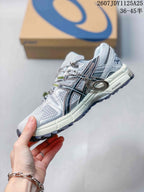 Side view of one ASICS Gel-Kahana 8 FL sneaker showing layered panels, contrasting side branding, green accents, and a treaded outsole; image text shows style code 1125A25 and size range 36–45.