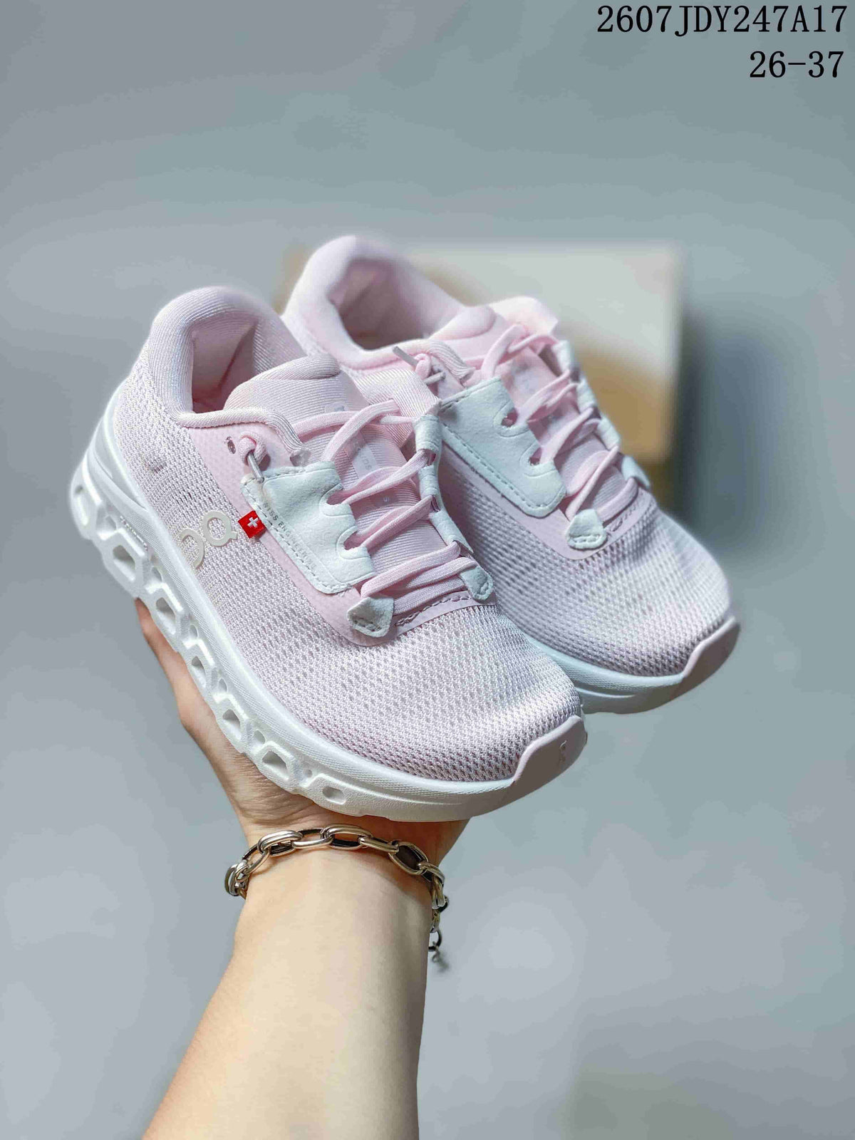Pair of pale pink and white On Cloudstratus 3 low-top running shoes shown from an angled front view.