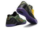 Black, green, and purple shoes shown from the heel and outsole.