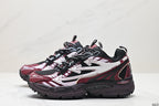 Side view of the burgundy, black, and white sneakers showing layered white side graphics, black mesh panels, and chunky midsoles.