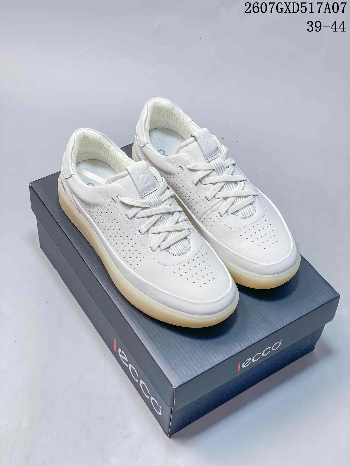 Pair of white ECCO lace-up sneakers displayed on an ECCO shoe box; image text shows style code 2607GXD517A07 and size range 39–44.