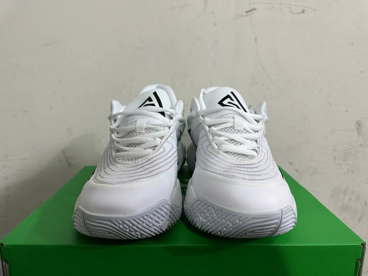Front view of white and grey Nike sneakers with black tongue logos and white laces