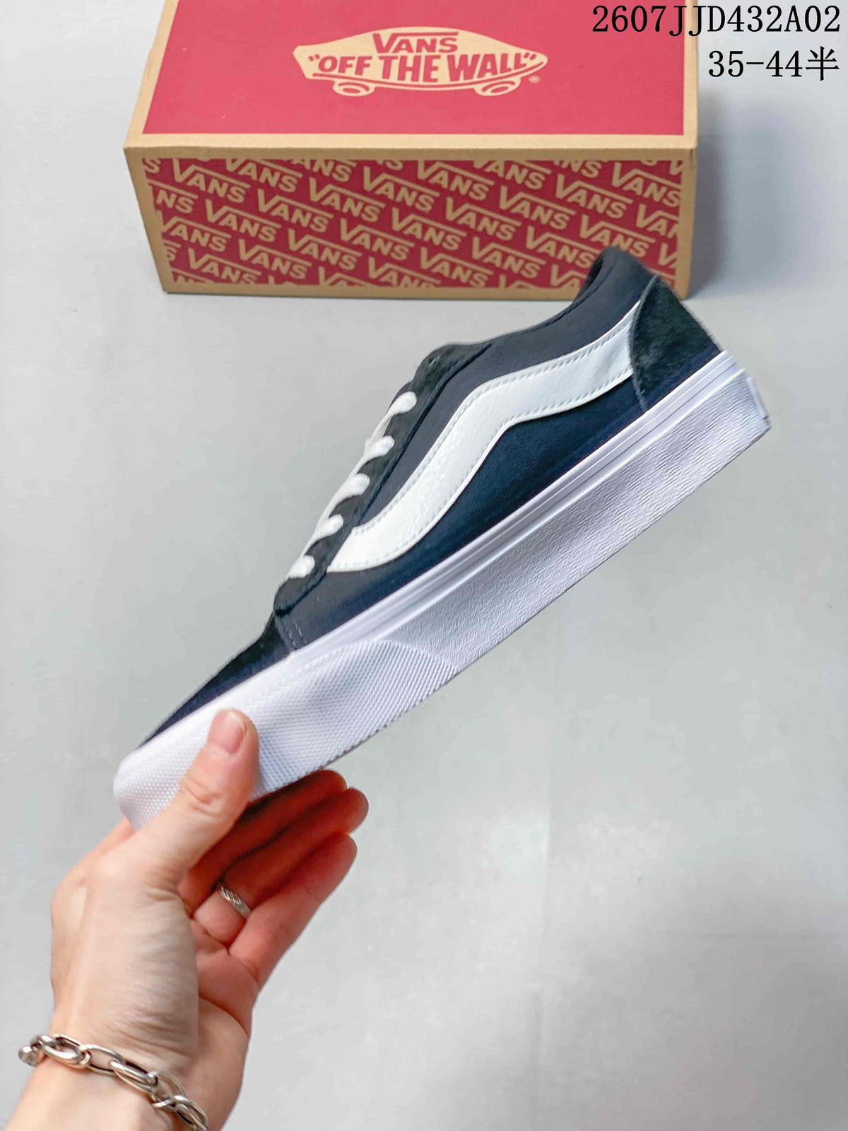 Side profile showing the white side stripe and white sole on a navy sneaker