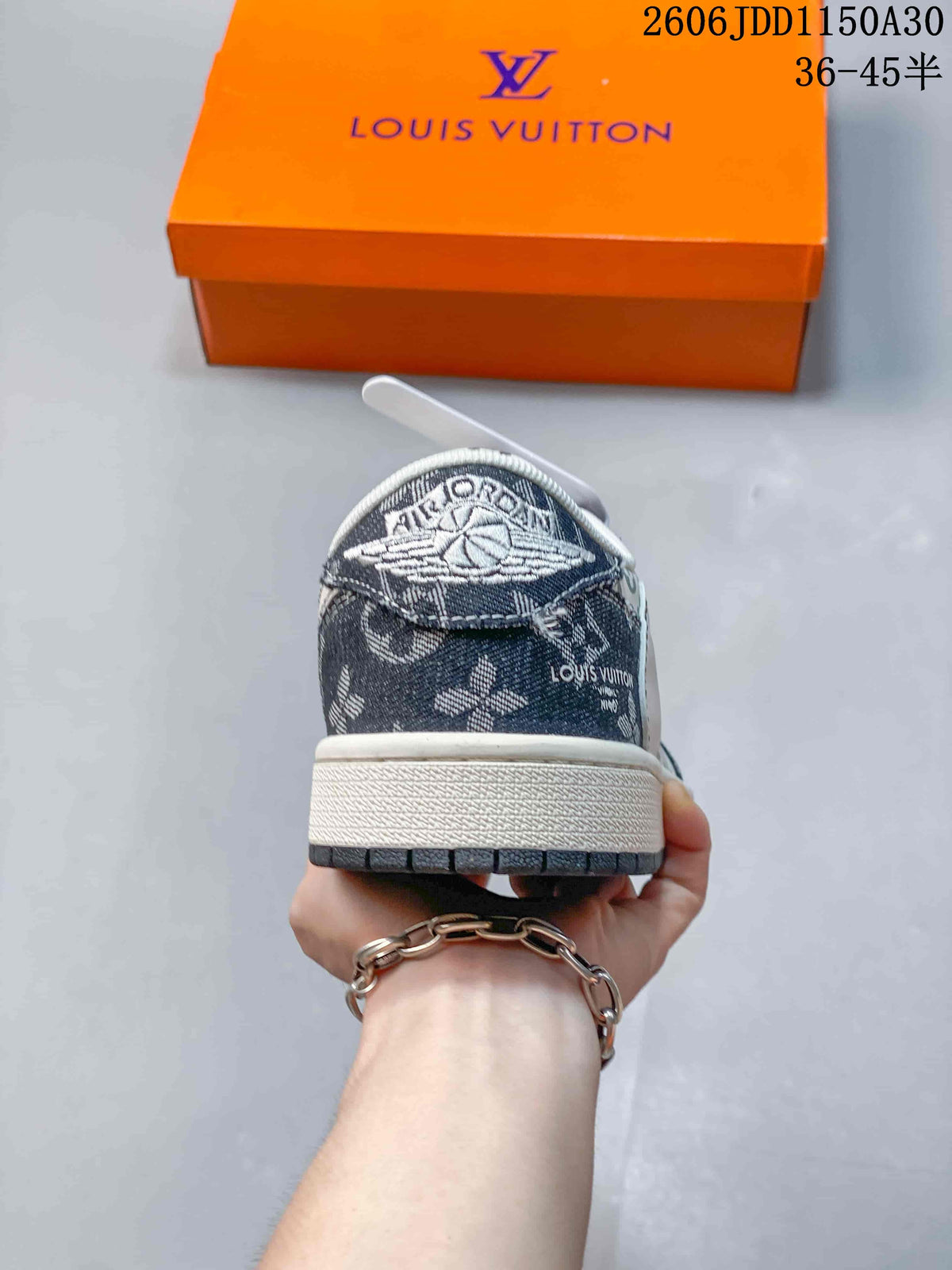Rear view showing a denim-look heel panel and white midsole