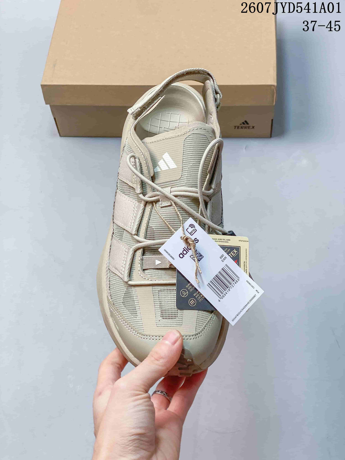 Top view of the beige Terrex shoe showing its laces and tongue