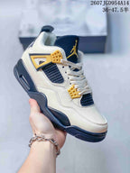 Angled front-side view of the off-white high-top sneaker with navy and gold accents.