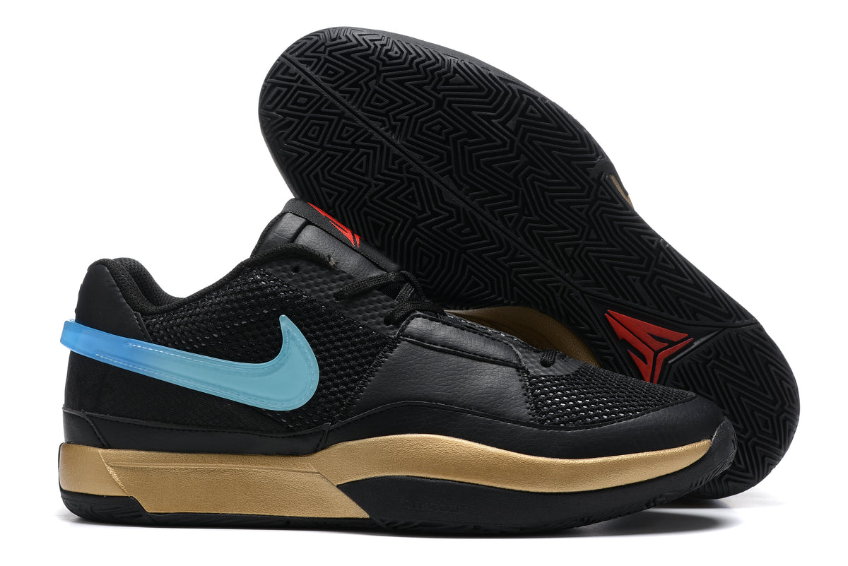 Black Nike Ja 1 shoes with a light blue side Swoosh and gold-colored midsole accent.