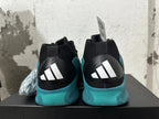 Rear view of navy-blue and black Adidas basketball shoes with three-stripe heel branding