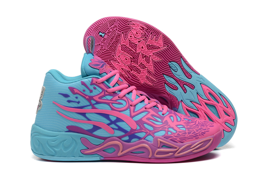 Turquoise and pink high-top basketball shoes with purple graphic accents.