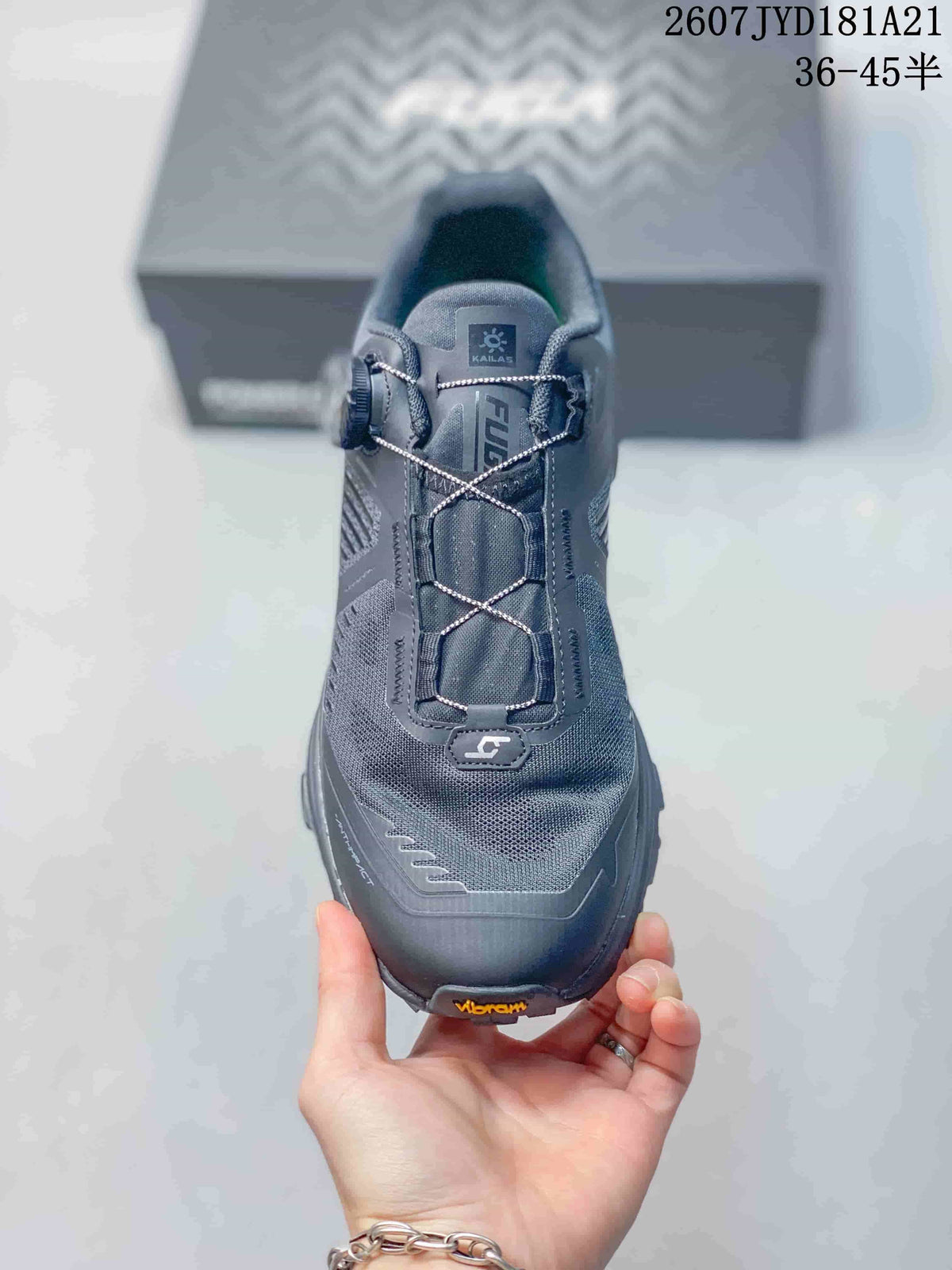 Top view of the shoe showing the BOA-style dial, cable lacing system, padded collar and Kailas tongue branding.