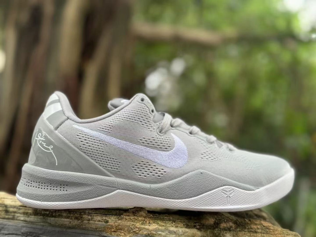 Side view of a Wolf Grey Nike Kobe 8 with a light-colored Swoosh