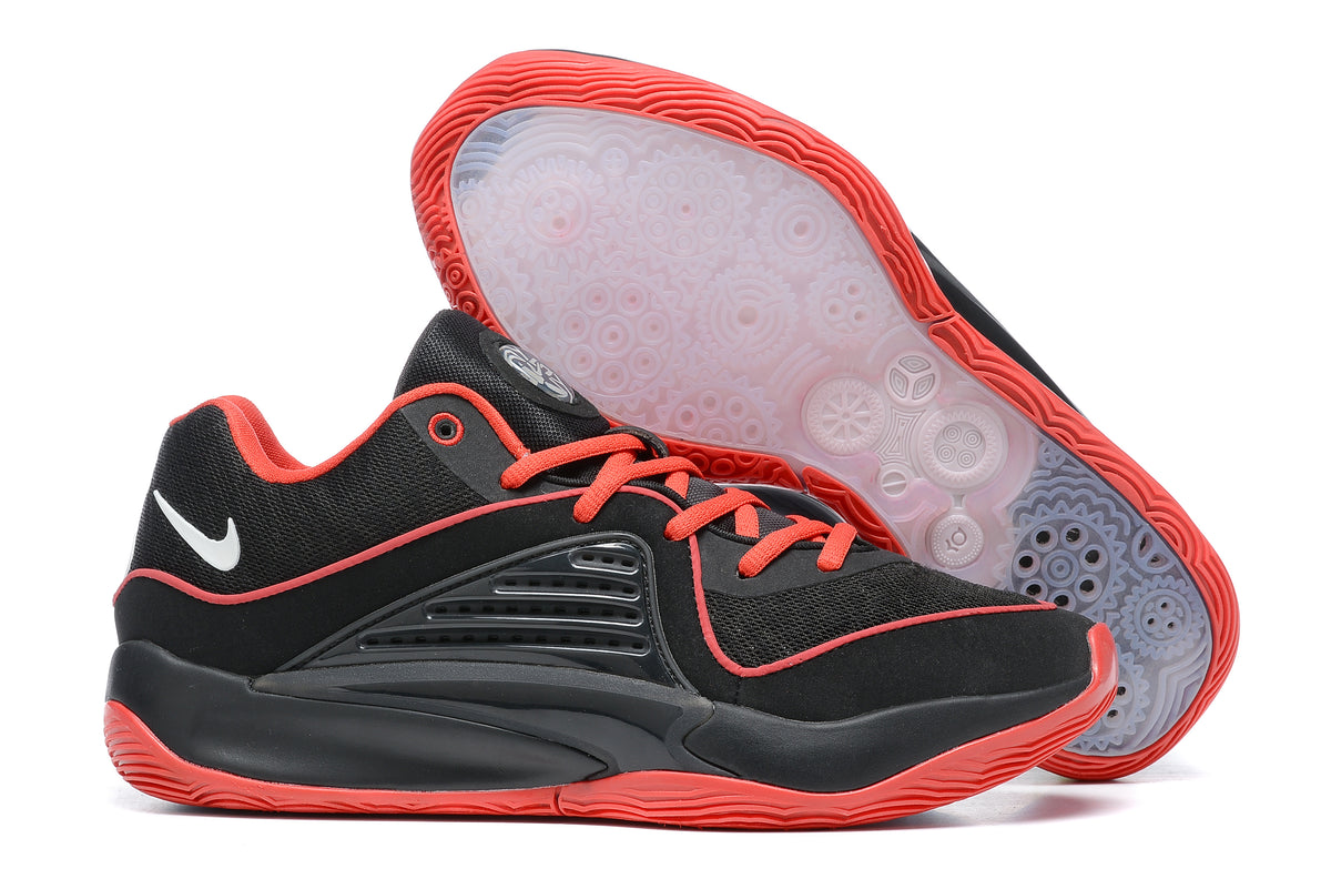 Black Nike KD 16 shoes with bright red accents and a patterned outsole.