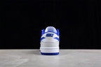 Rear view showing blue heel branding, white heel panels, and blue outsole sections.