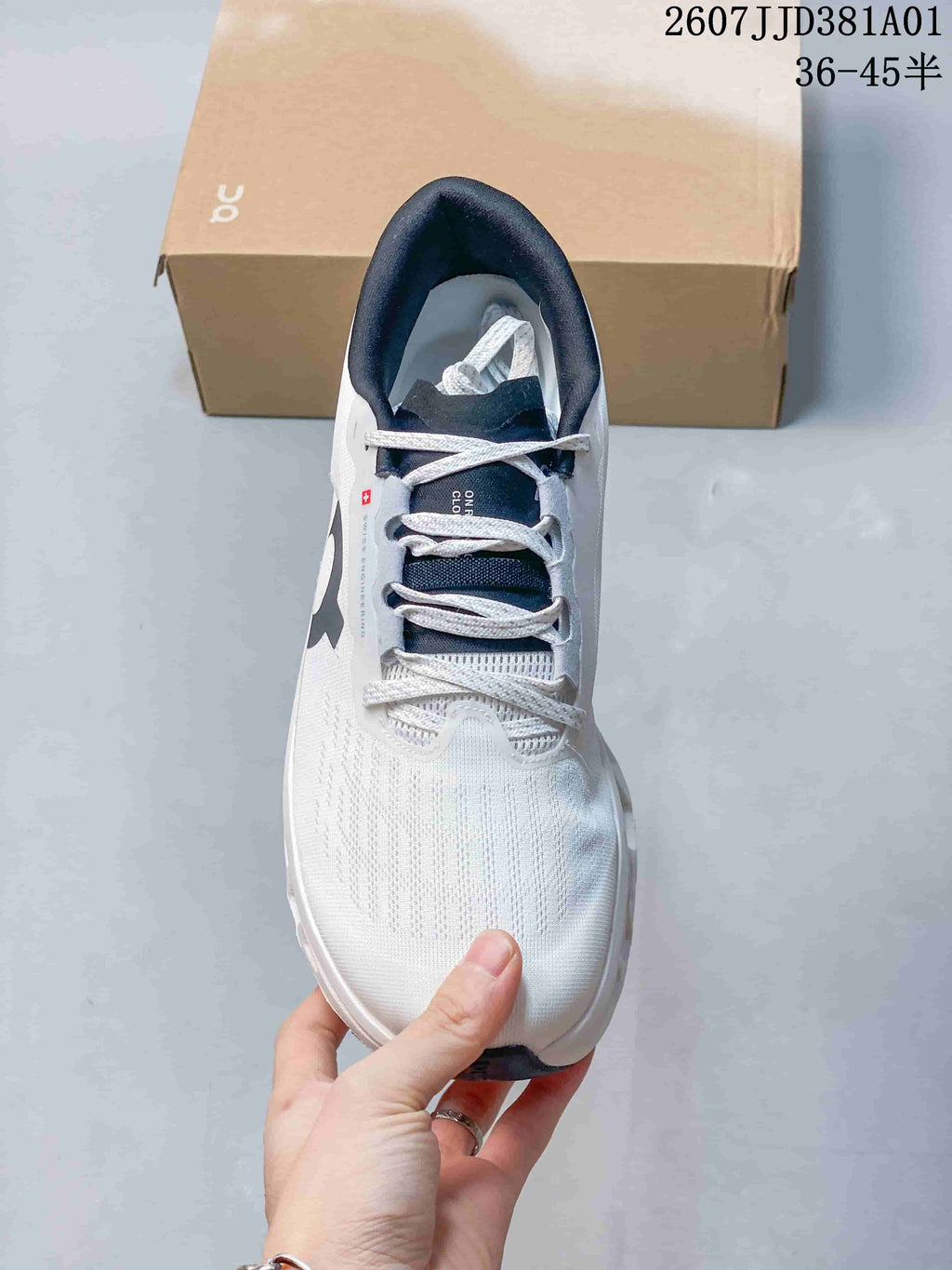 Top view of the laced shoe with a padded navy collar