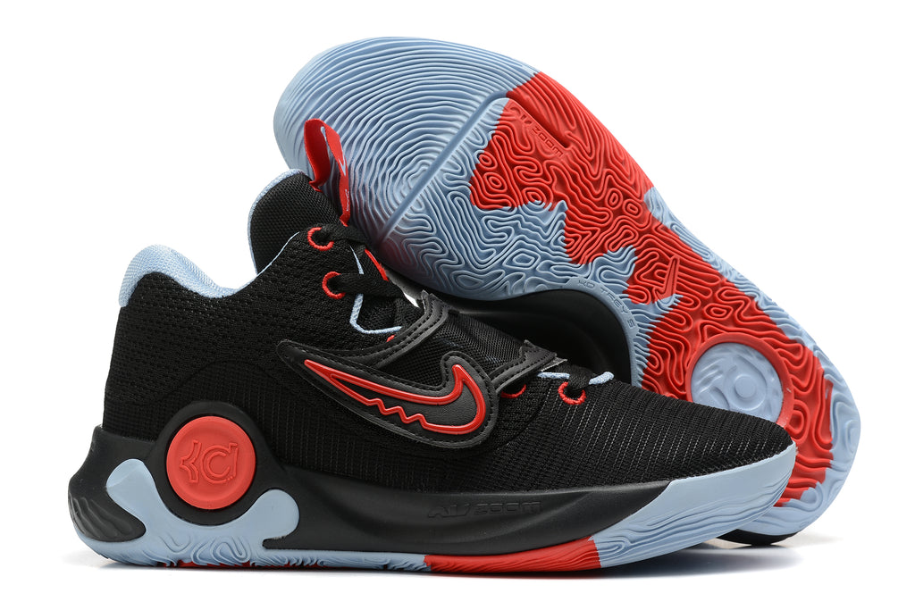 Black Nike KD basketball shoes with red details and a pale blue and red outsole.