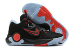 Black Nike KD basketball shoes with red details and a pale blue and red outsole.