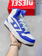 Angled side view of the white and blue high-top sneaker