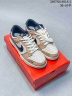 Pair of tan, white, and navy Nike low-top sneakers displayed on a red box; image text shows style code 2607ND1601A11 and size range 36–45.