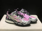 Three-quarter front view showing the pair of pink, black, and white lace-up sneakers and attached pink tag.