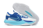 Blue and white basketball shoe with light blue accents and a patterned outsole.