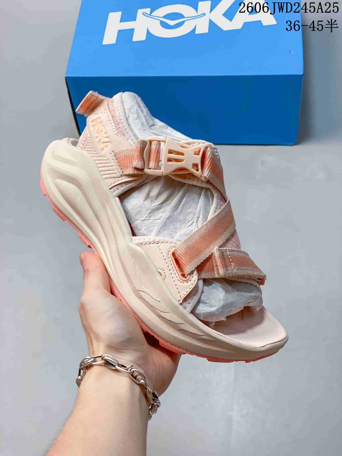 Pale pink HOKA Infini Hike TC sandal with adjustable straps