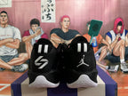 Rear view of black Jordan basketball shoes with white heel details and Jumpman embroidery