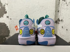 Rear view of multicolor Nike basketball shoes with embroidered smiley faces and lilac heels.