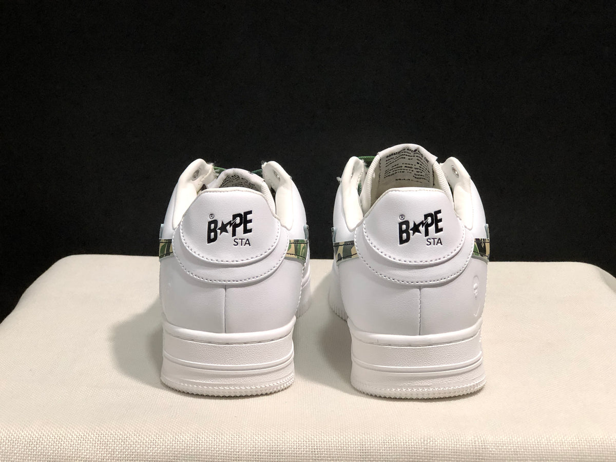 Rear view of the pair showing BAPE STA branding on the white heel tabs.