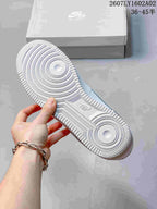 Close-up of the patterned outsole on a white sneaker