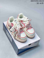 Pair of white and pink MLB Chunky Liner sneakers displayed on an MLB shoe box, with the product code and size range shown above.