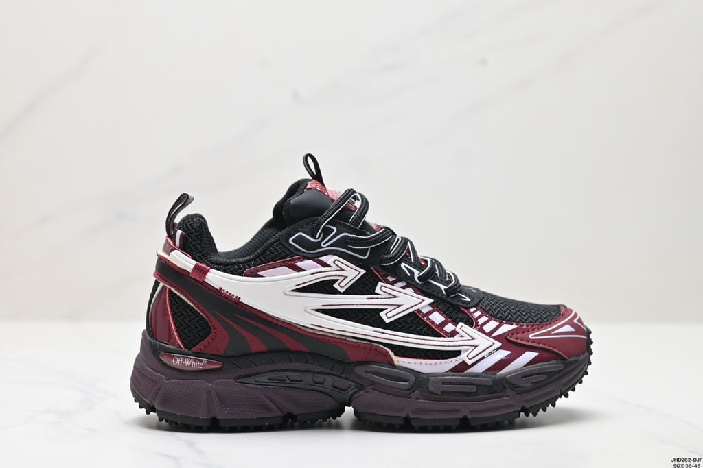 Side profile highlighting the burgundy upper, white graphic details, padded collar, and segmented chunky midsole.