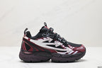 Side profile highlighting the burgundy upper, white graphic details, padded collar, and segmented chunky midsole.